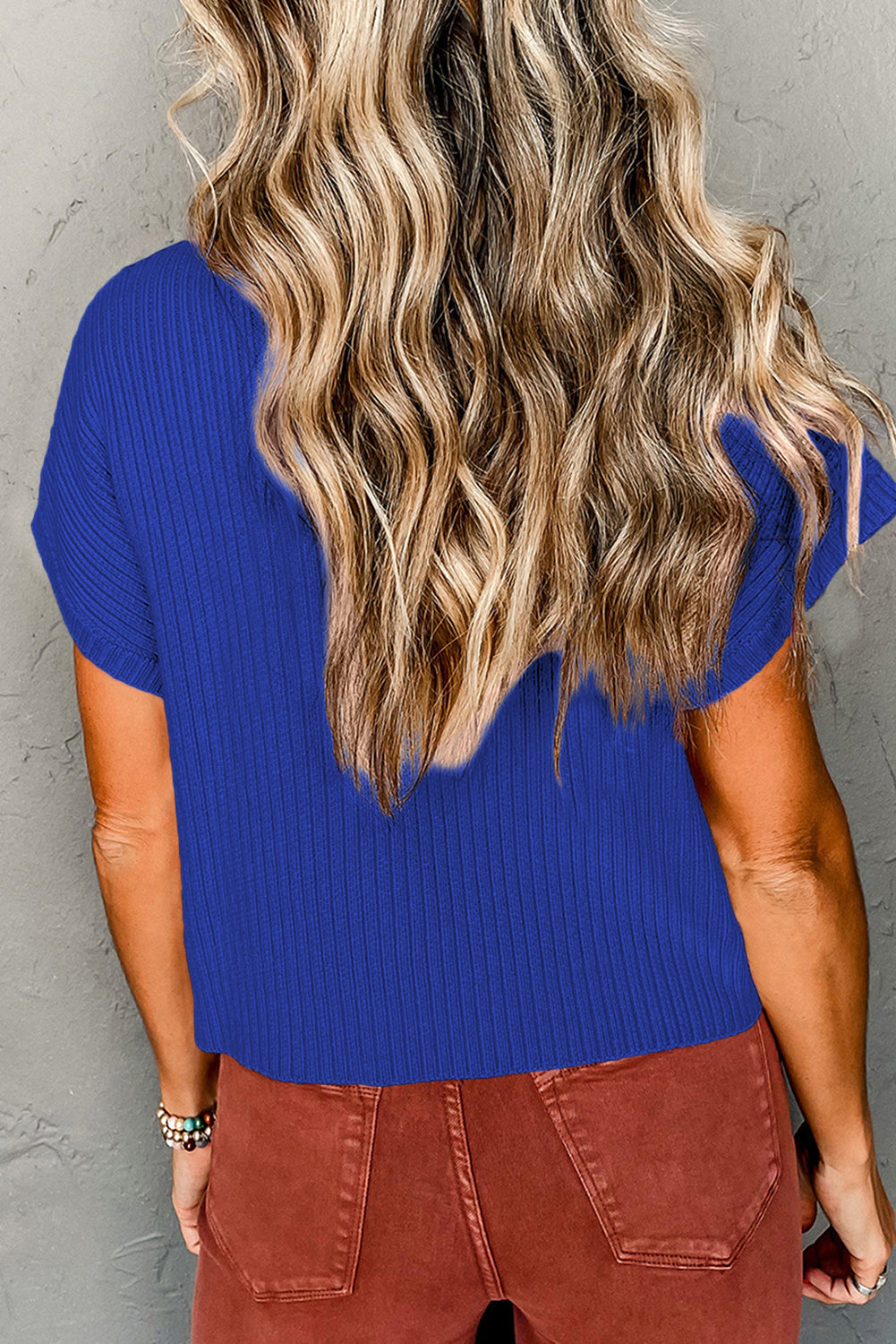 Oatmeal Patch Pocket Ribbed Knit Short Sleeve Sweater