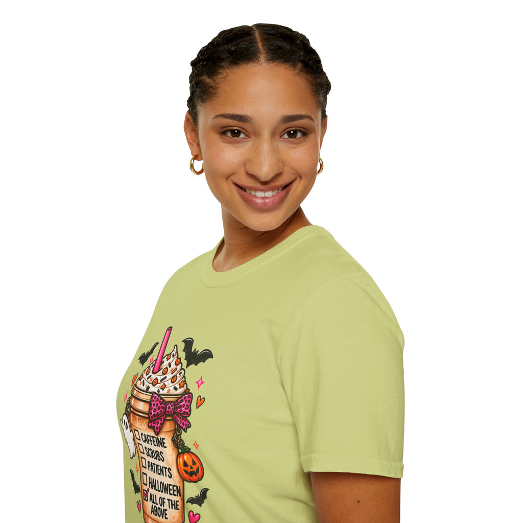 Halloween Nurse Coffee T-Shirt — "Caffeine, Scrubs, Patients" Fall Medical Tee