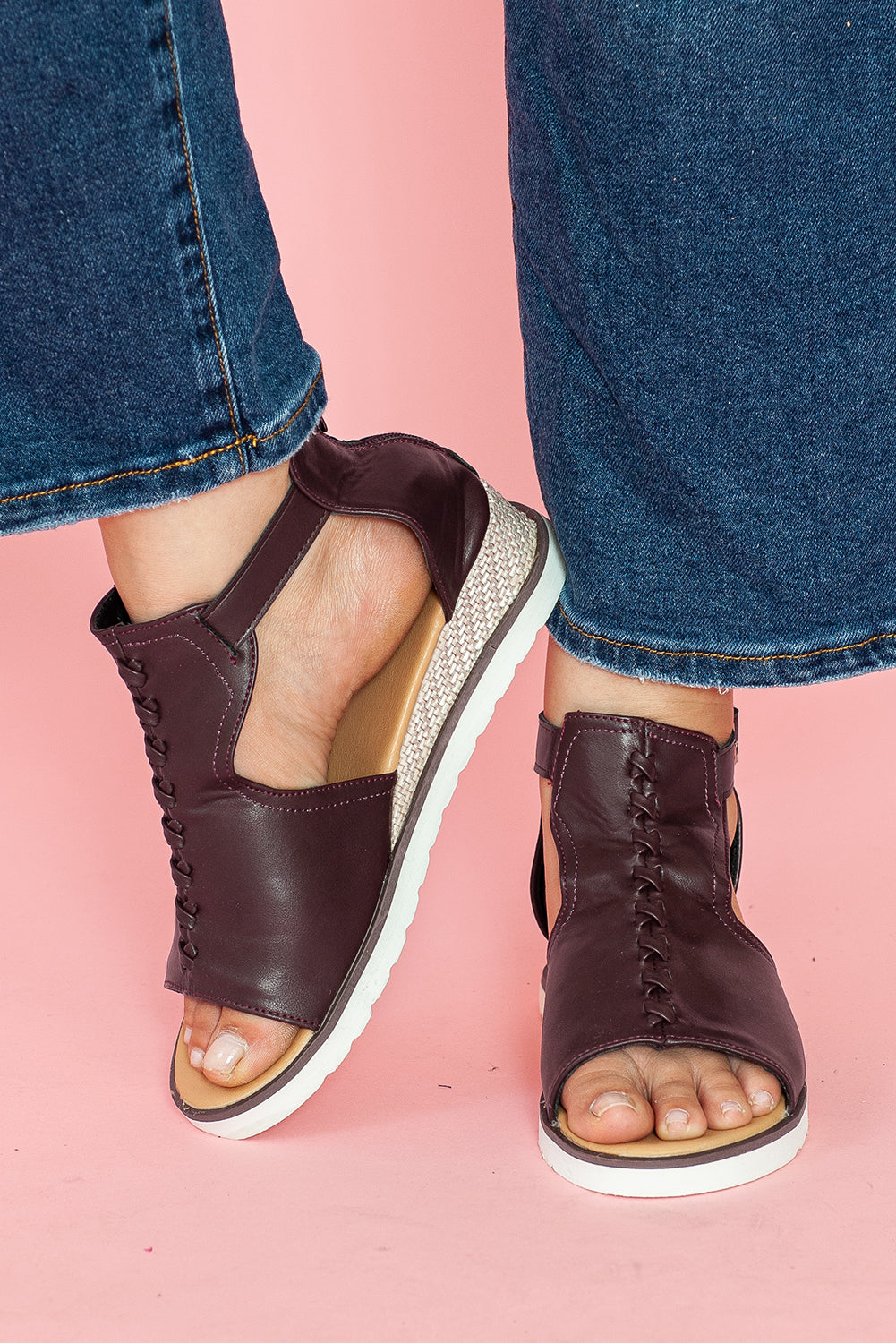 Brown PU Cutout Buckle Strap Platform Sandals