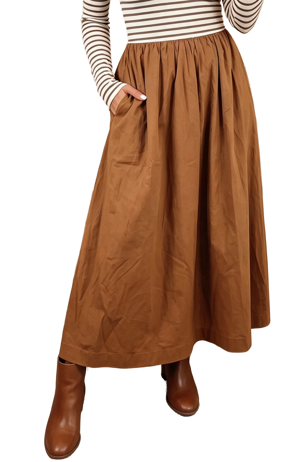 Brown Stripe Ribbed Knit Long Sleeve Bodice Contrast Patchwork Flared Dress