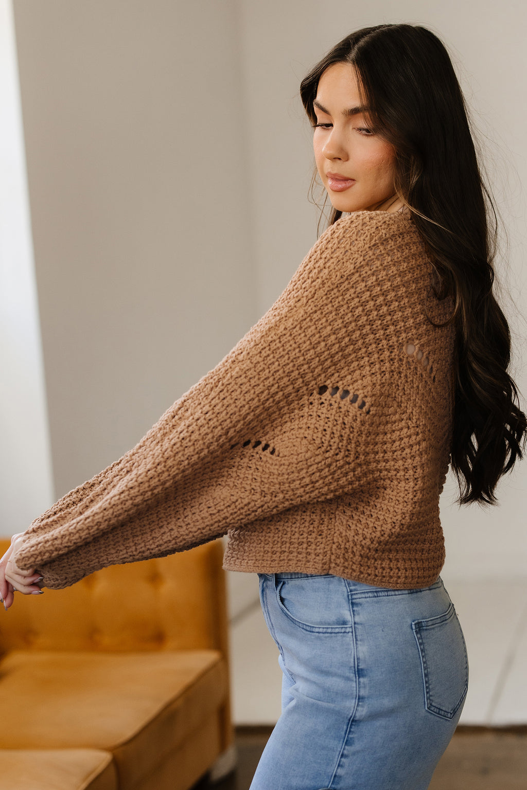 White Hollowed Detail Wide Sleeve Loose Pullover Sweater