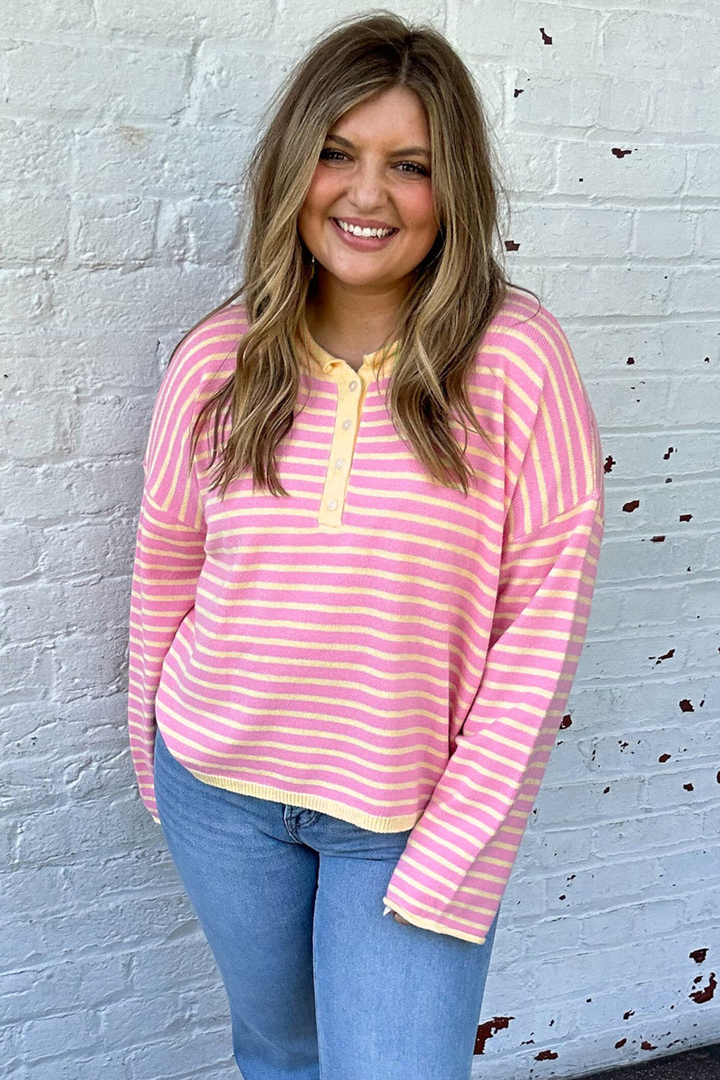 Pink Stripe Striped Colorblock Long Sleeve V Neck Shift Plus Size Sweater