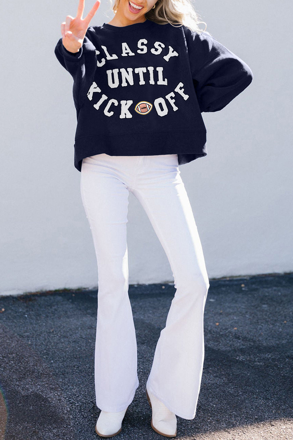 White CLASSY UNTIL KICKOFF Plush Letter Patched Loose Sweatshirt
