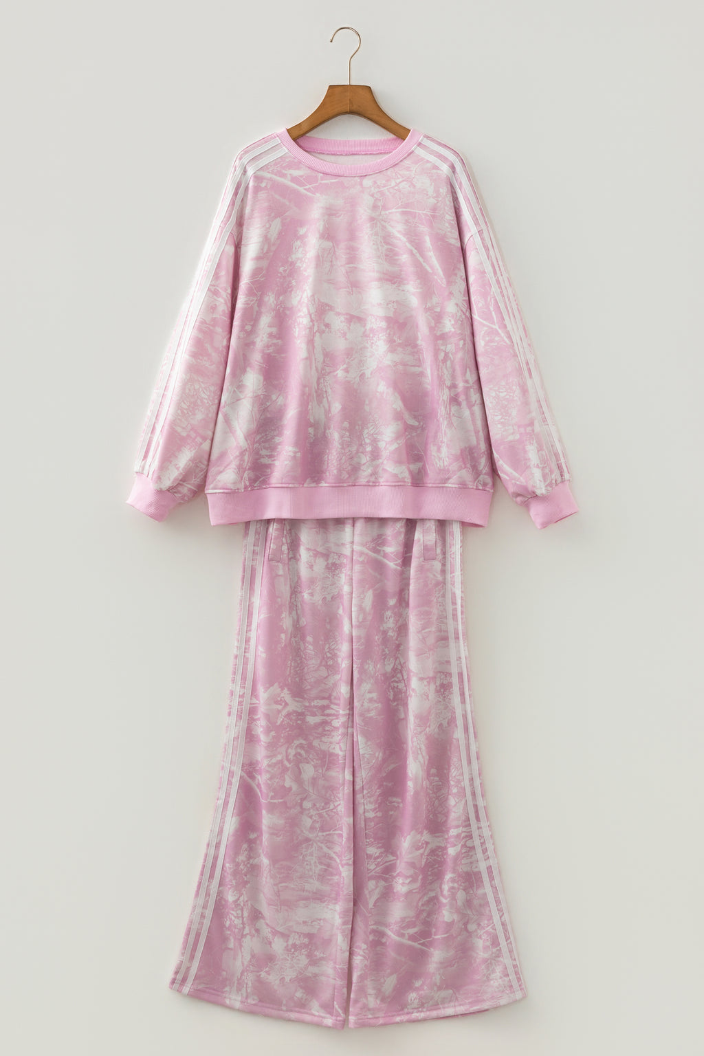 Pink Abstract Print Side Stripe Detail Long Sleeve Top Loose Pants Set