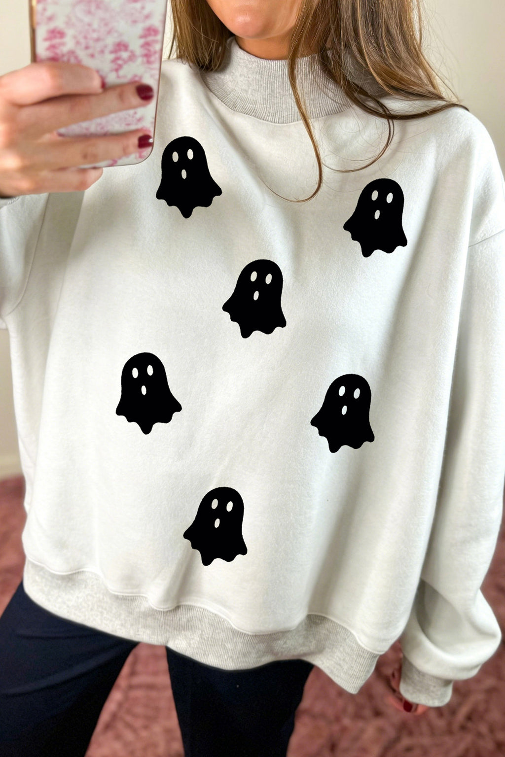 Light Grey Halloween Boo Slogan Ghost Print Reversible Mock Neck Sweatshirt