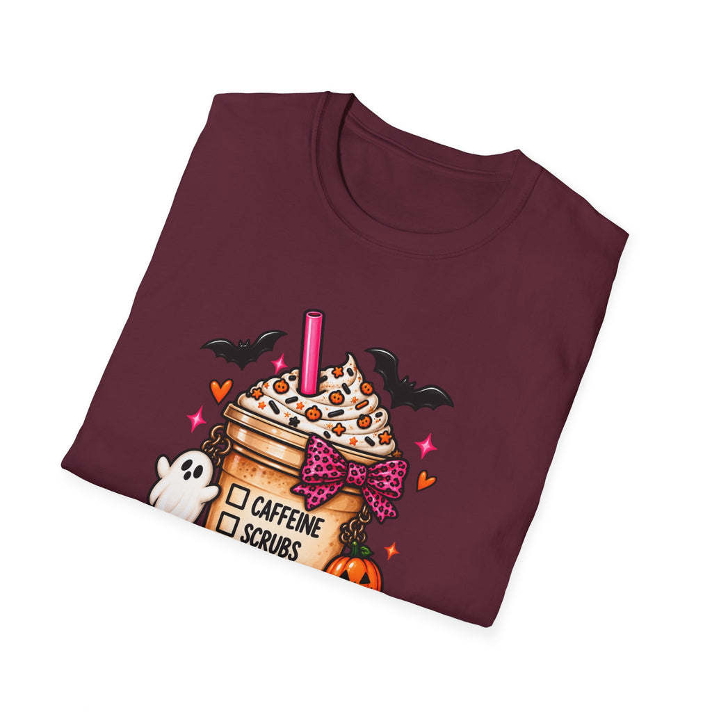 Halloween Nurse Coffee T-Shirt — "Caffeine, Scrubs, Patients" Fall Medical Tee