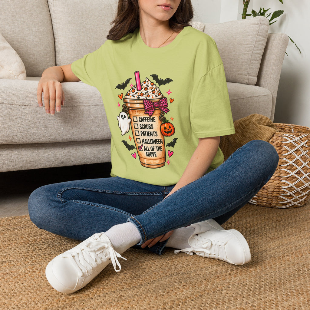 Halloween Nurse Coffee T-Shirt — "Caffeine, Scrubs, Patients" Fall Medical Tee
