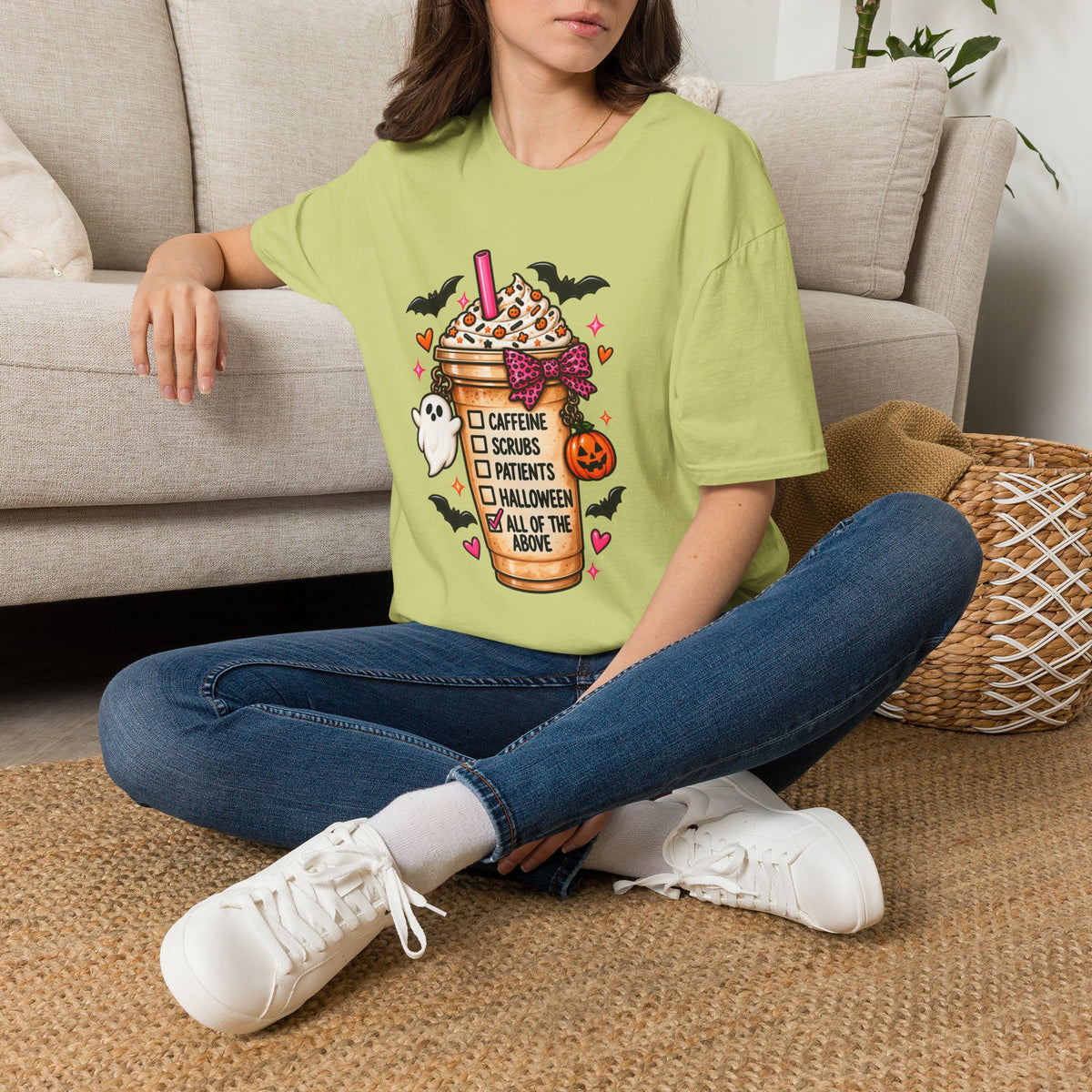 Halloween Nurse Coffee T-Shirt — "Caffeine, Scrubs, Patients" Fall Medical Tee