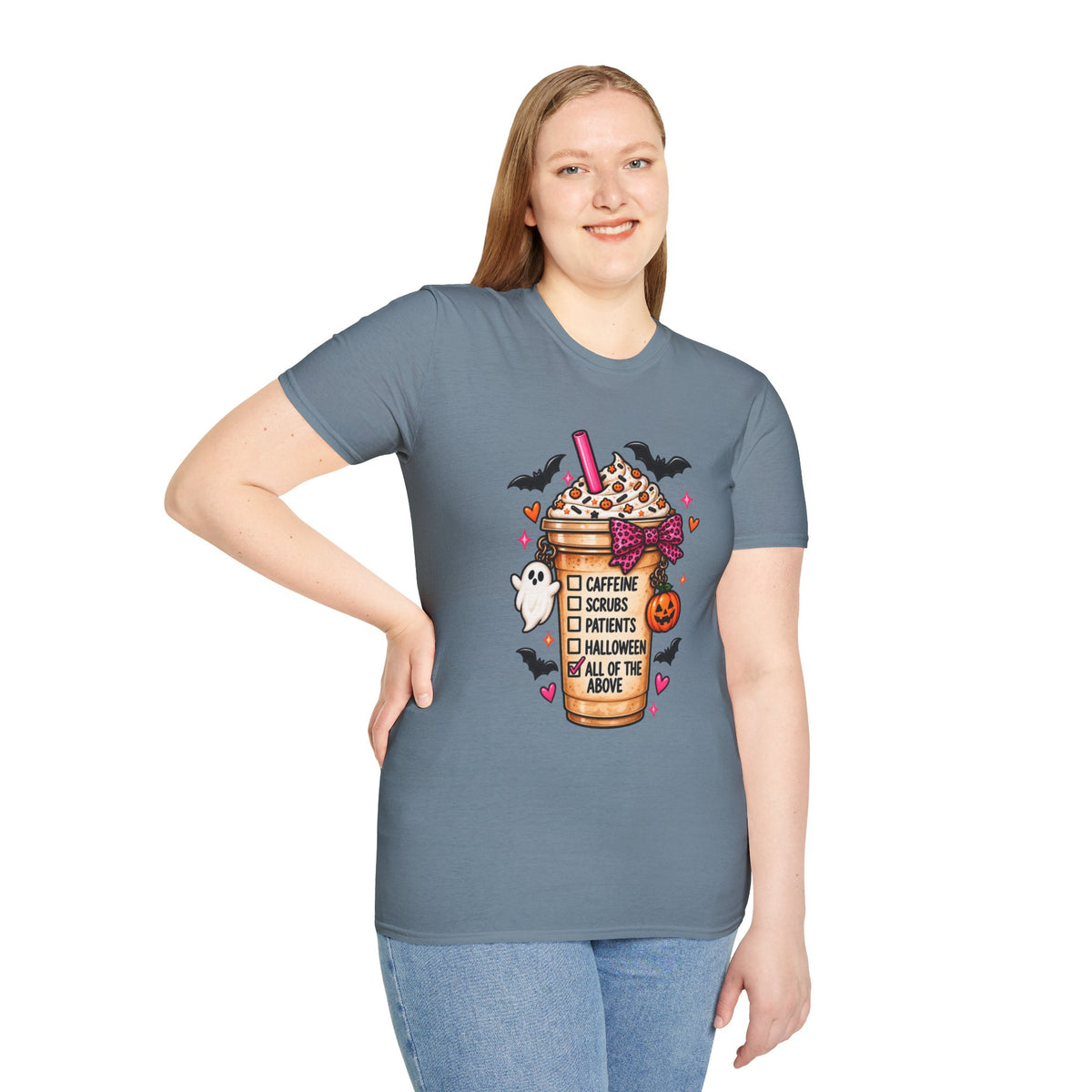 Halloween Nurse Coffee T-Shirt — "Caffeine, Scrubs, Patients" Fall Medical Tee