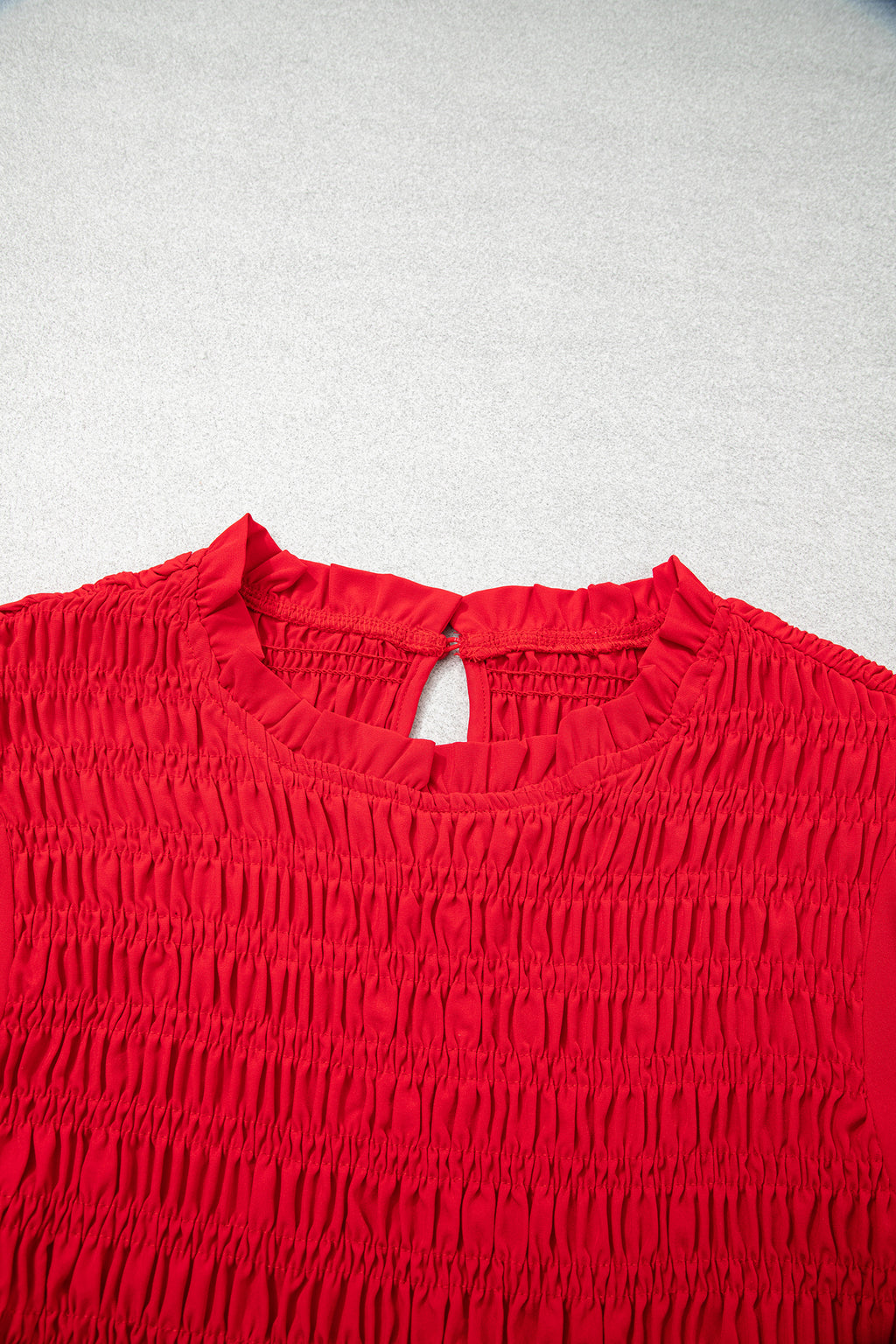 Jet Stream Solid Color Smocked Ruffle Hem Long Sleeve Blouse