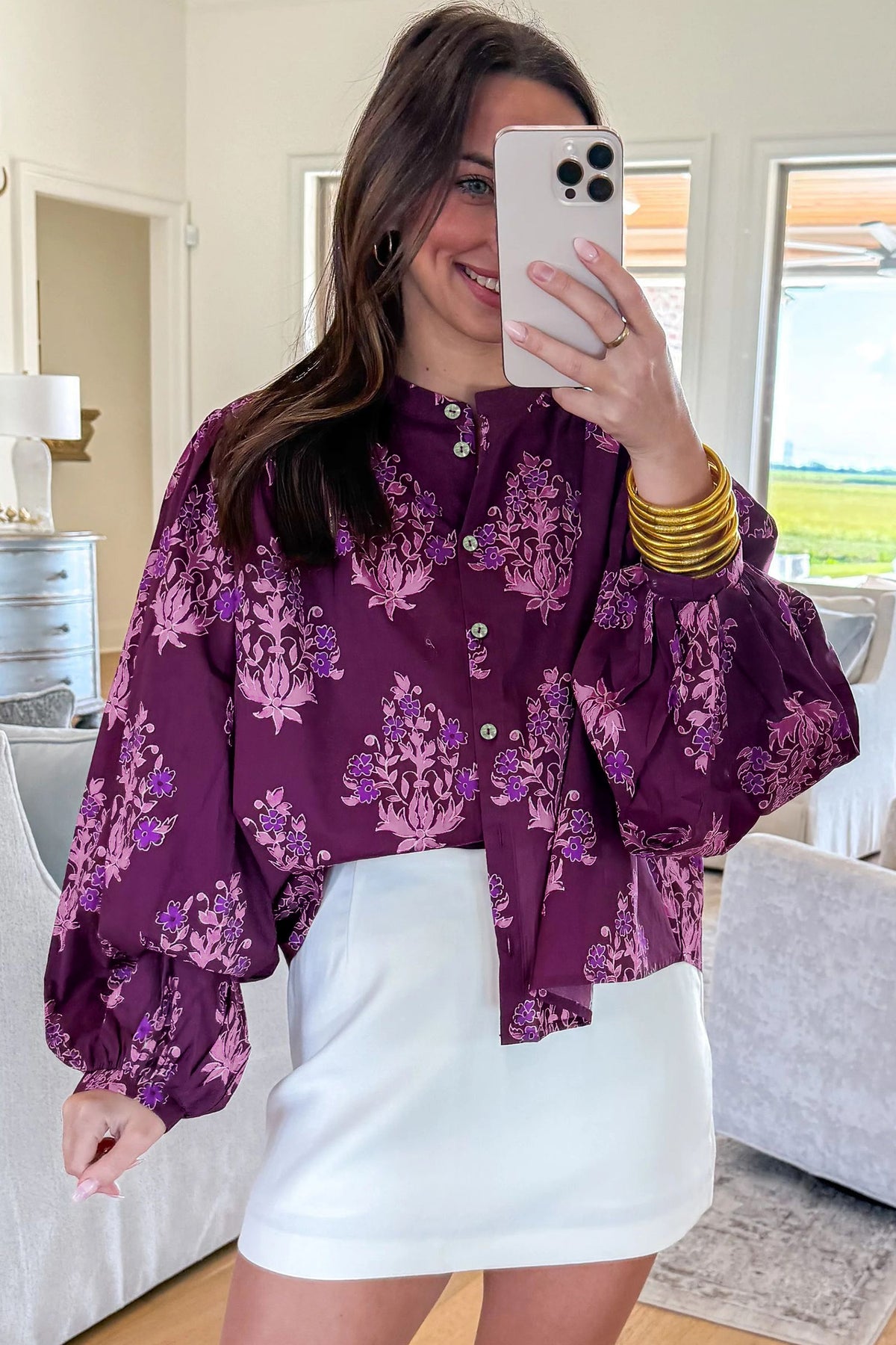 Purple Floral Print Button Front Long Puff Sleeve Shirt