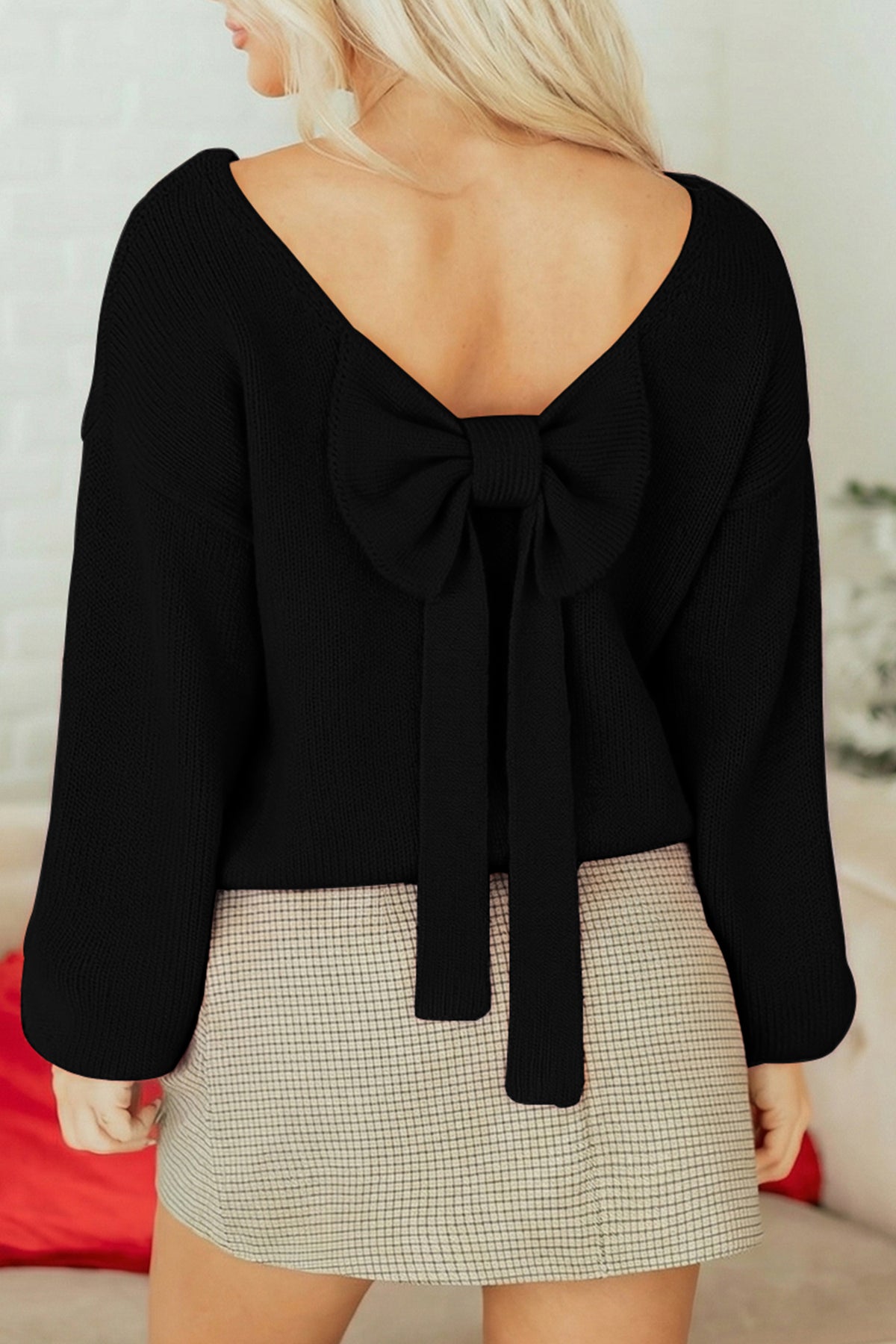 Bright Green Bow Backless Bubble Sleeve Sweater
