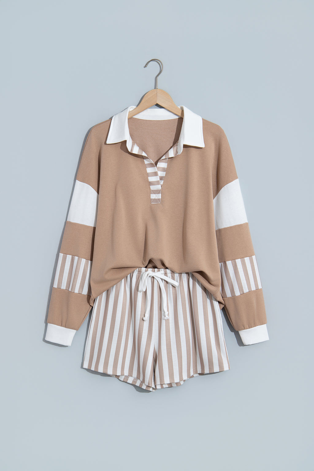 Smoke Green Striped Color Block Pullover Top Drawstring Shorts Set