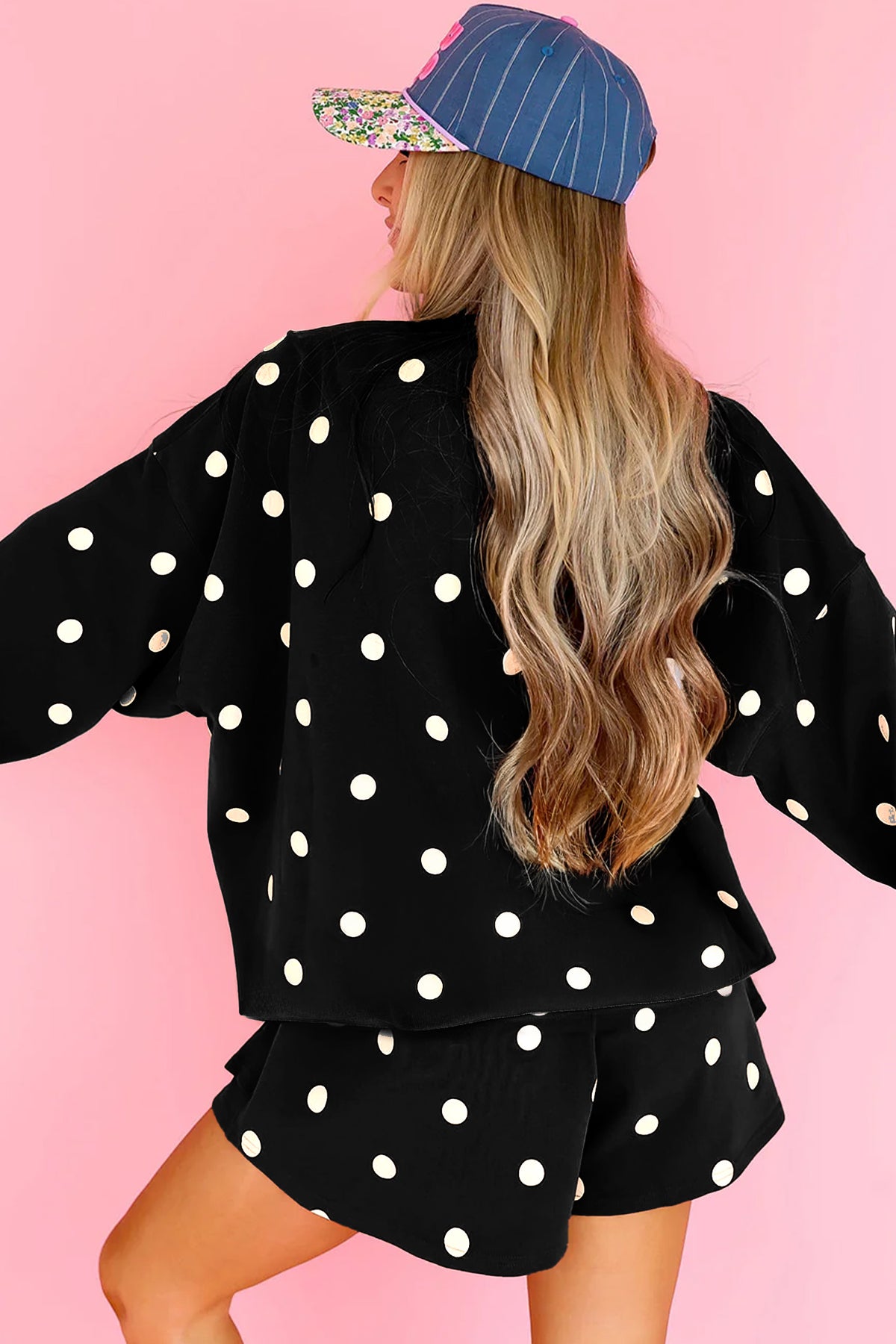 Beige Polka Dot Raw Hem Relaxed Pullover Loose Skort Two Piece Set