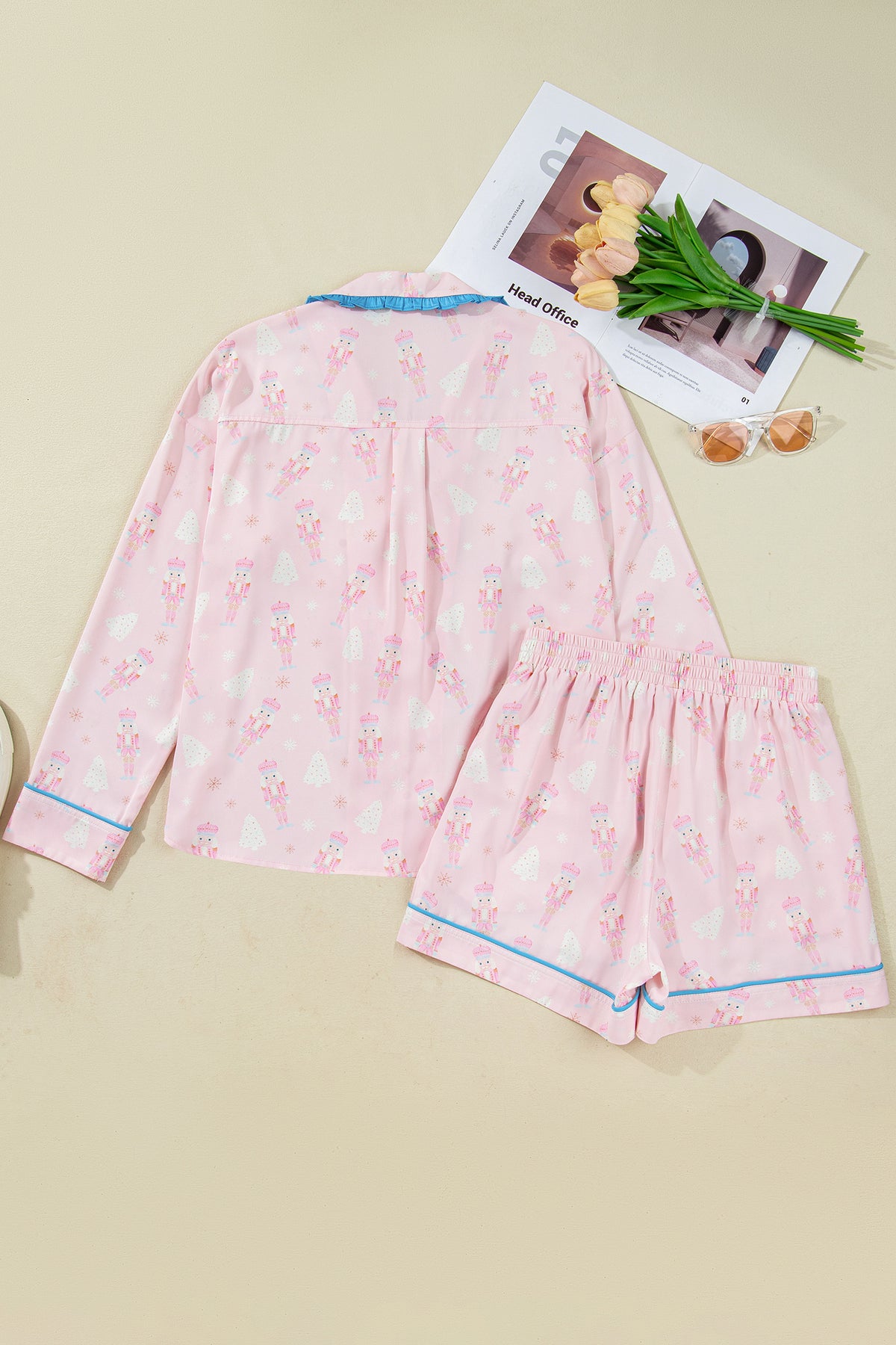 Pink Bow Tie Front Christmas Nutcracker Long Sleeve Shirt Shorts Pajama Set