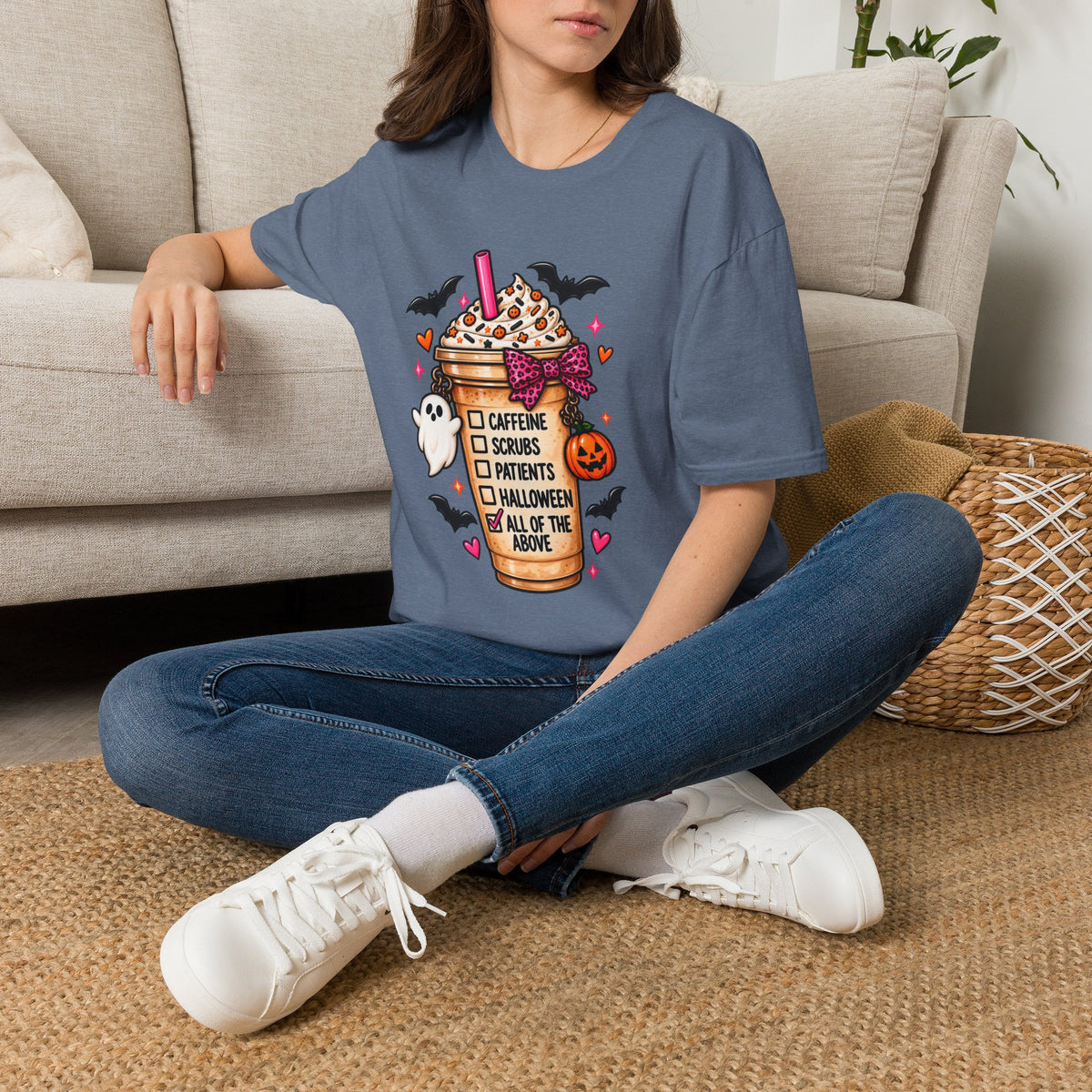 Halloween Nurse Coffee T-Shirt — "Caffeine, Scrubs, Patients" Fall Medical Tee