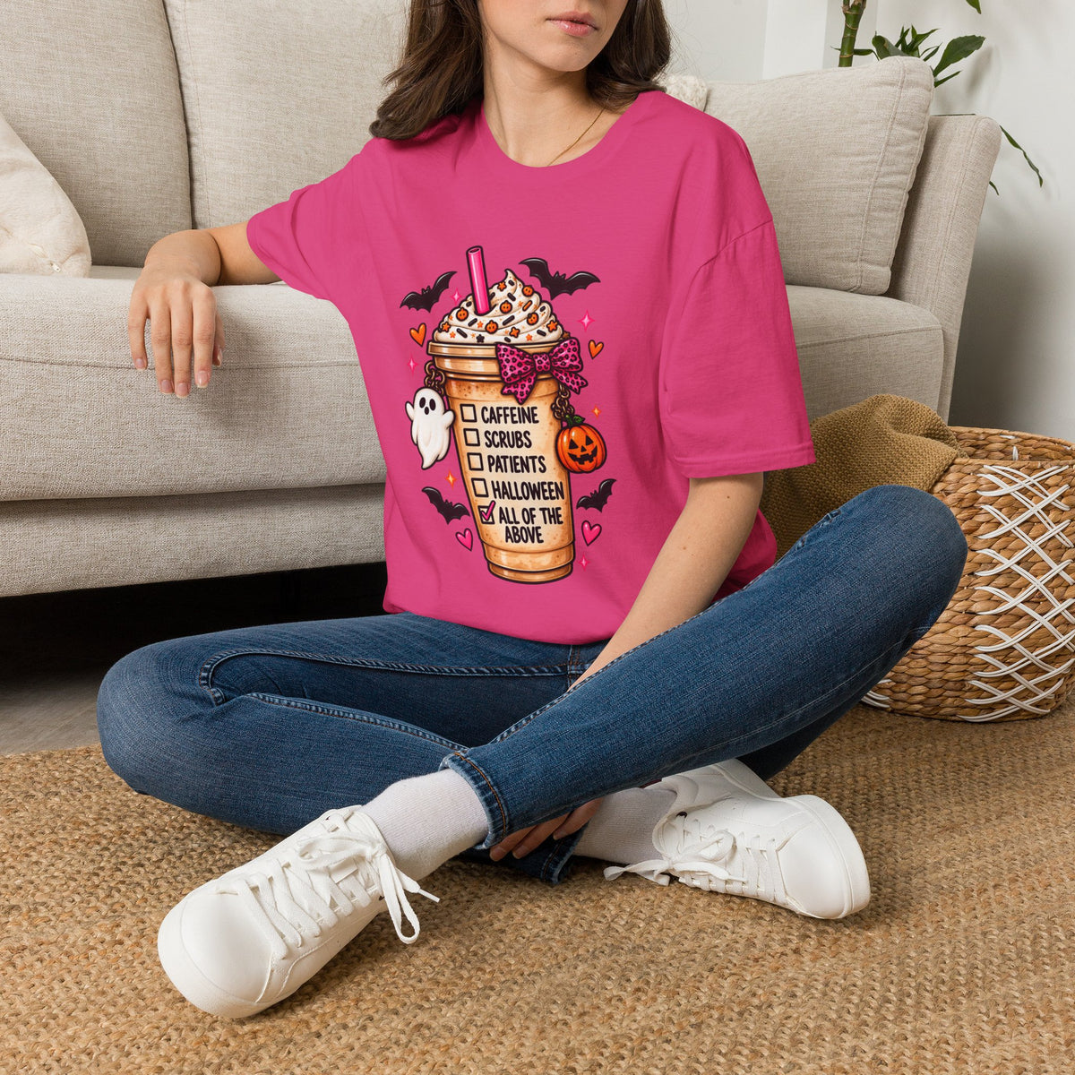 Halloween Nurse Coffee T-Shirt — "Caffeine, Scrubs, Patients" Fall Medical Tee