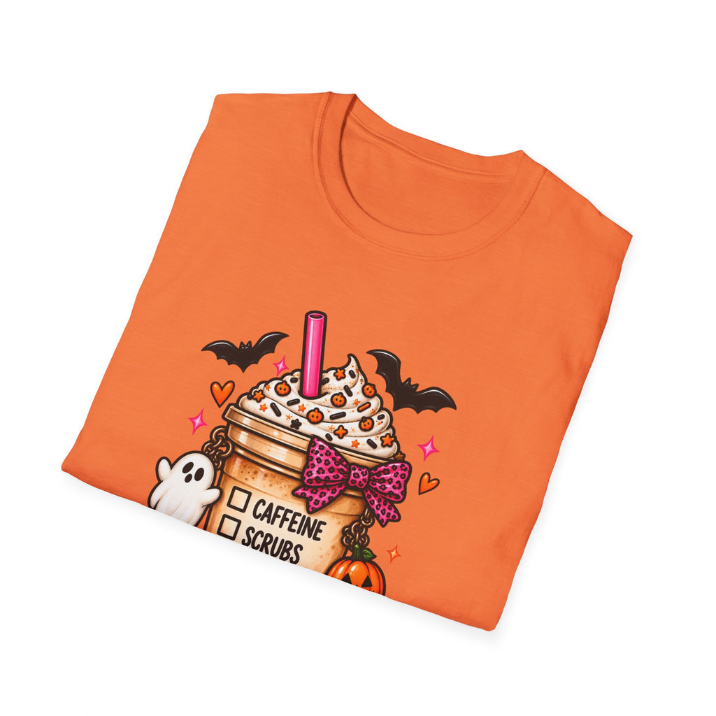 Halloween Nurse Coffee T-Shirt — "Caffeine, Scrubs, Patients" Fall Medical Tee