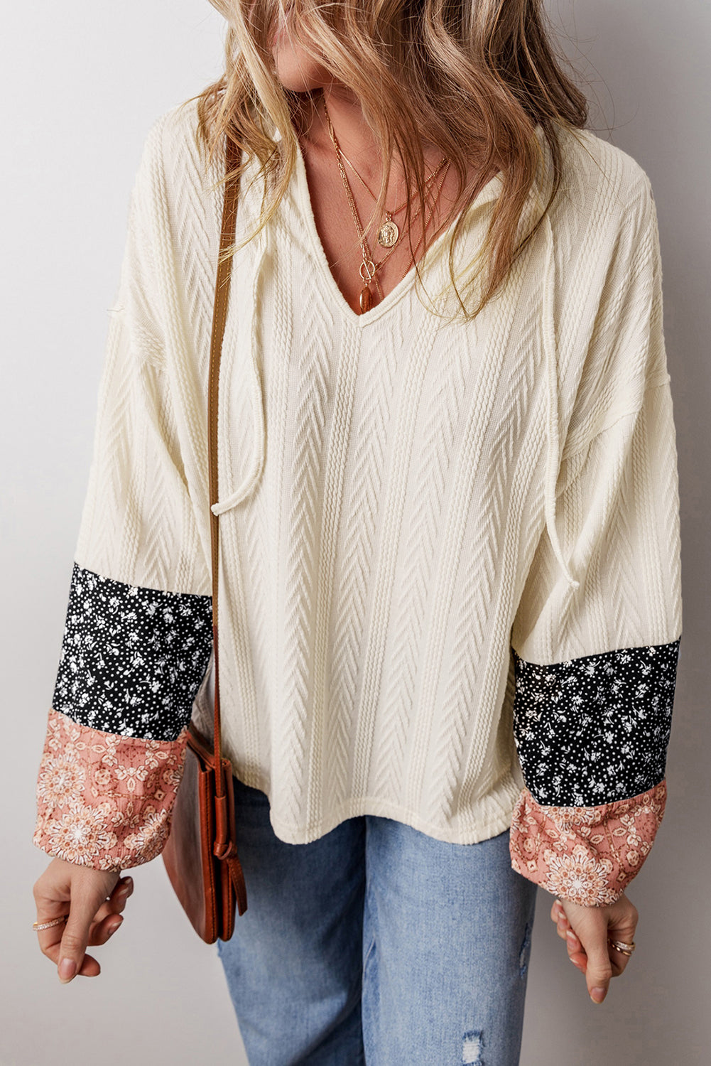Black Floral Patchwork Textured Knit Drawstring V Neck Blouse