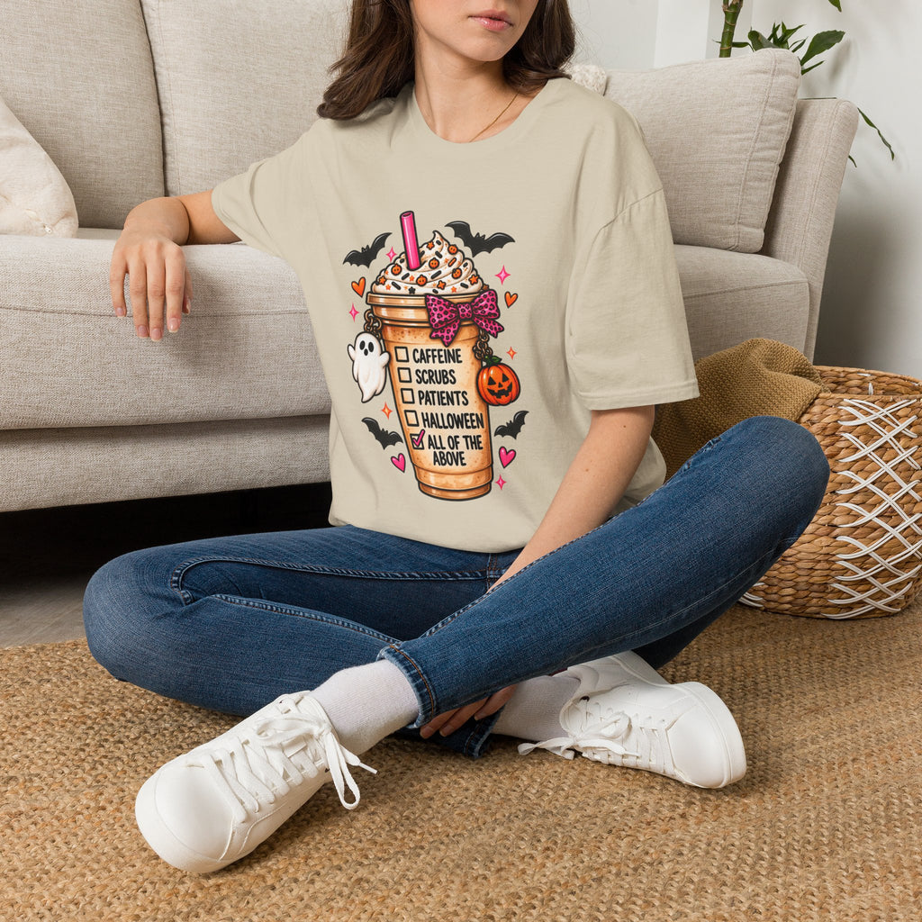 Halloween Nurse Coffee T-Shirt — "Caffeine, Scrubs, Patients" Fall Medical Tee