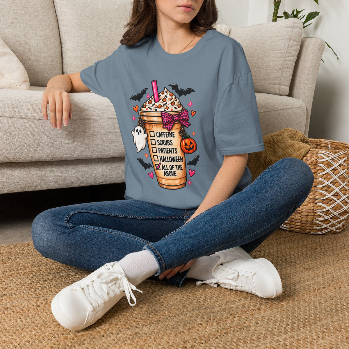 Halloween Nurse Coffee T-Shirt — "Caffeine, Scrubs, Patients" Fall Medical Tee