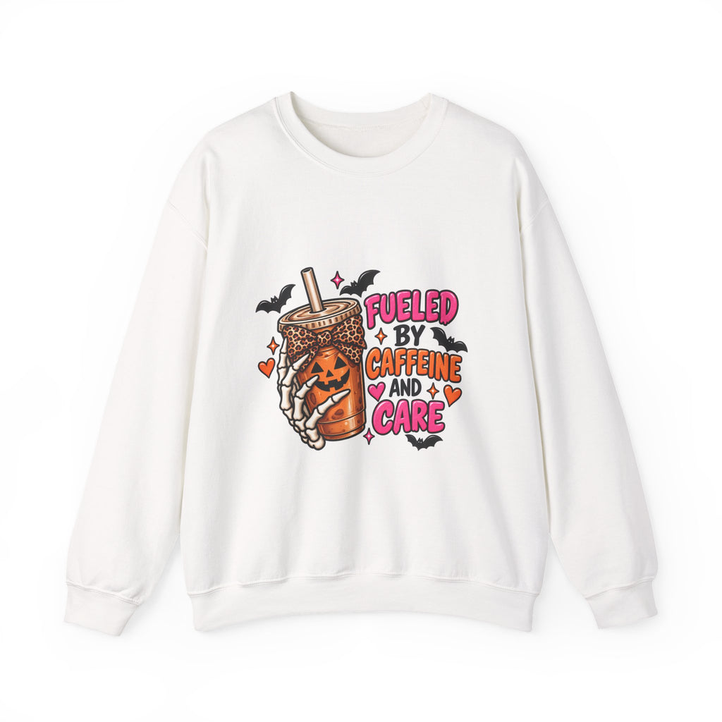 Crewneck Sweatshirt — "Fueled by Caffeine and Care" Halloween Coffee Graphic