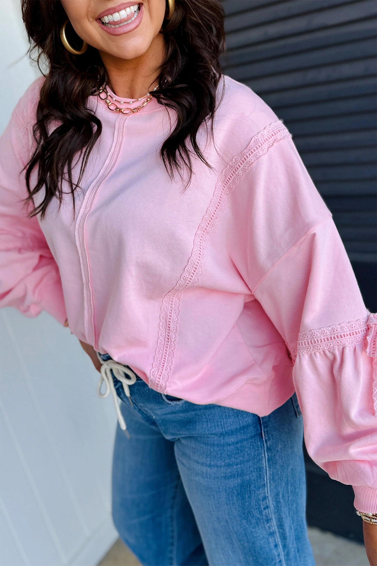 Parchment Solid Color Raw Seam Lace Detail Loose Casual Sweatshirt
