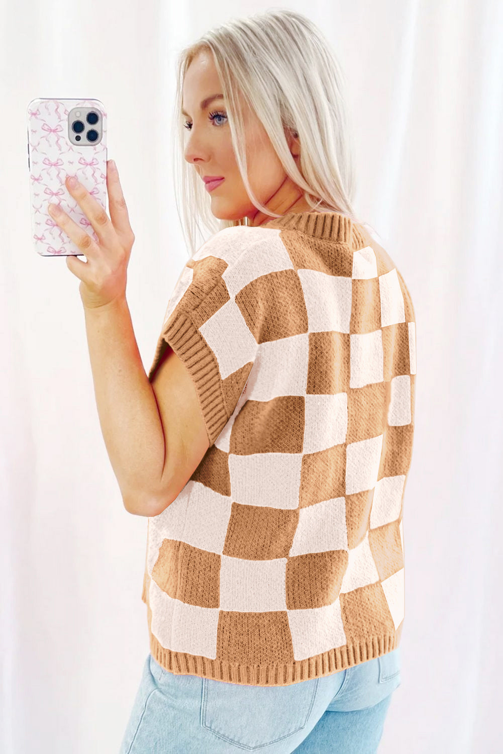 Strawberry Pink Colorblock Plaid Pattern Ribbed Trim Sweater Tank Top