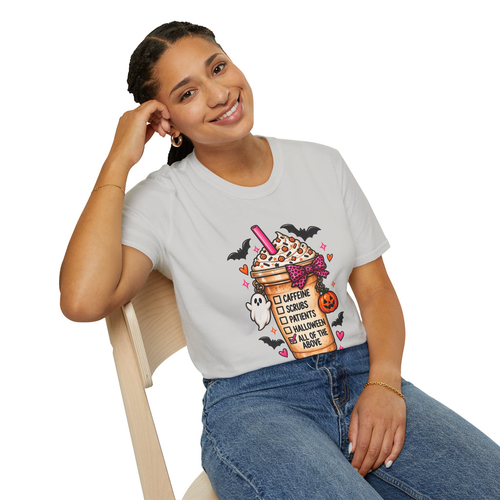 Halloween Nurse Coffee T-Shirt — "Caffeine, Scrubs, Patients" Fall Medical Tee