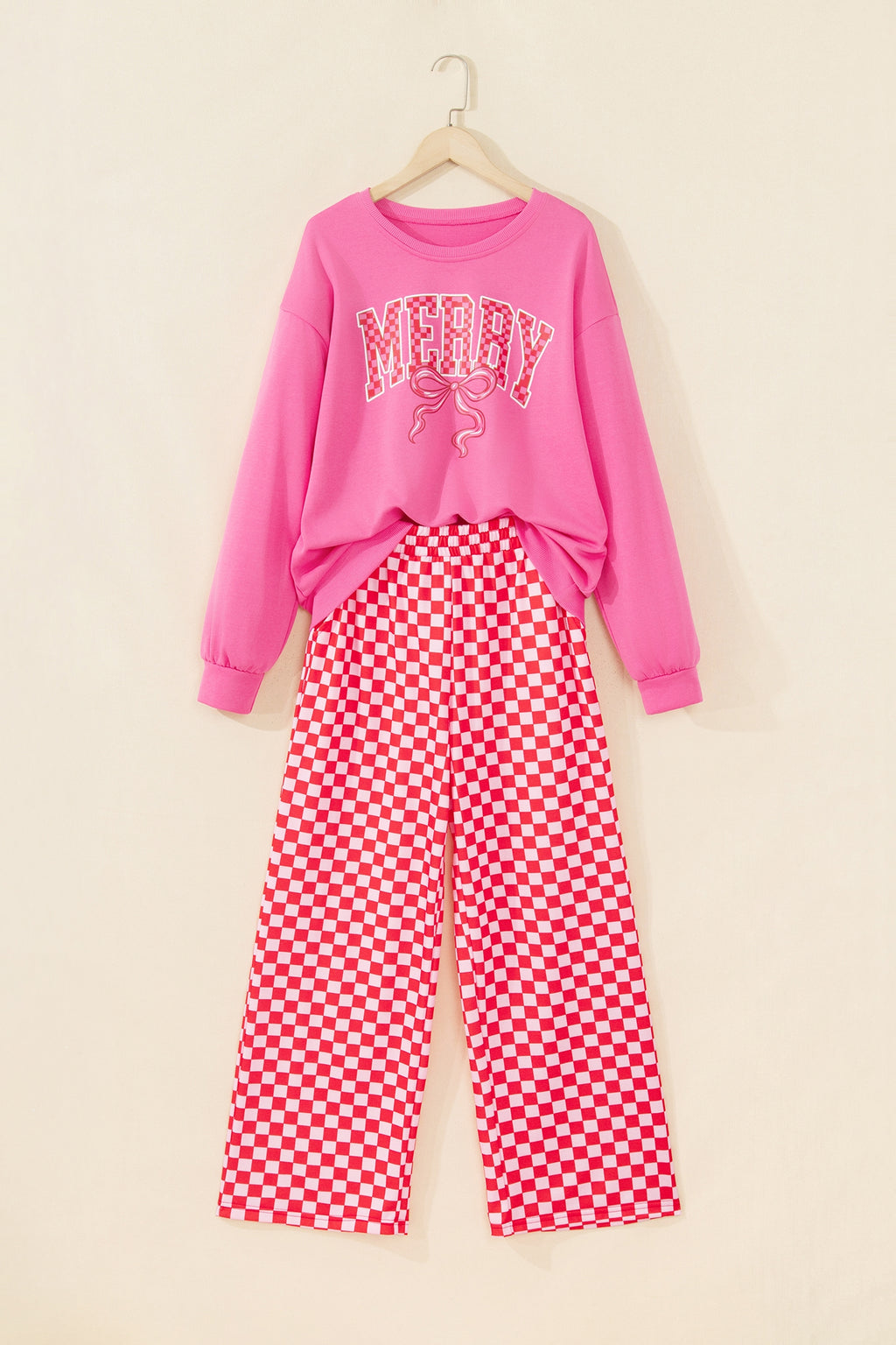 Red Christmas Slogan Graphic Plaid Contrast Two-piece Pant Set