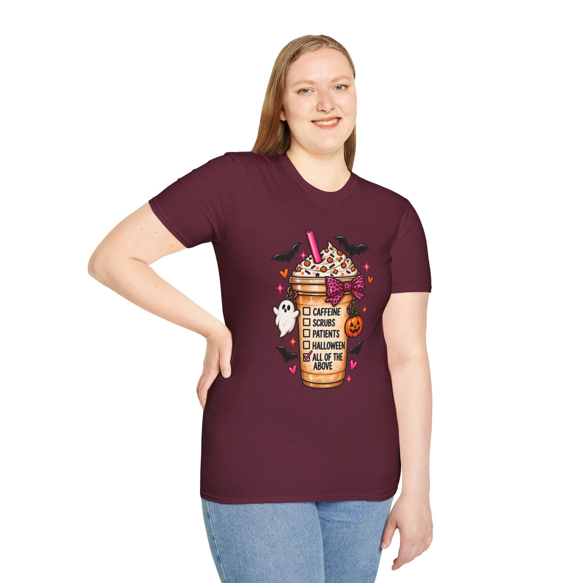 Halloween Nurse Coffee T-Shirt — "Caffeine, Scrubs, Patients" Fall Medical Tee