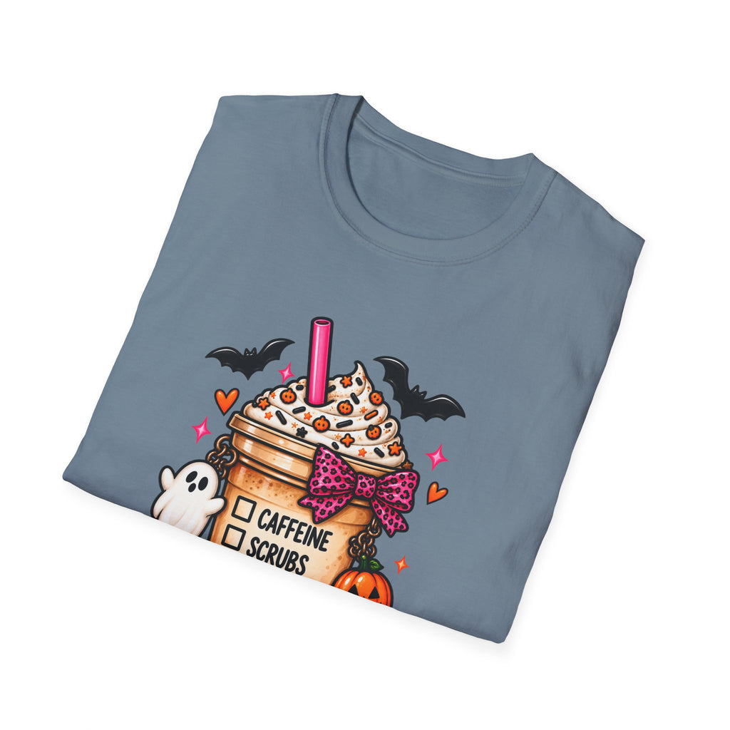 Halloween Nurse Coffee T-Shirt — "Caffeine, Scrubs, Patients" Fall Medical Tee