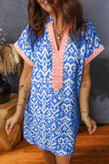Blue Western Fashion Print Striped Color Block Patchwork Shift Mini Dress