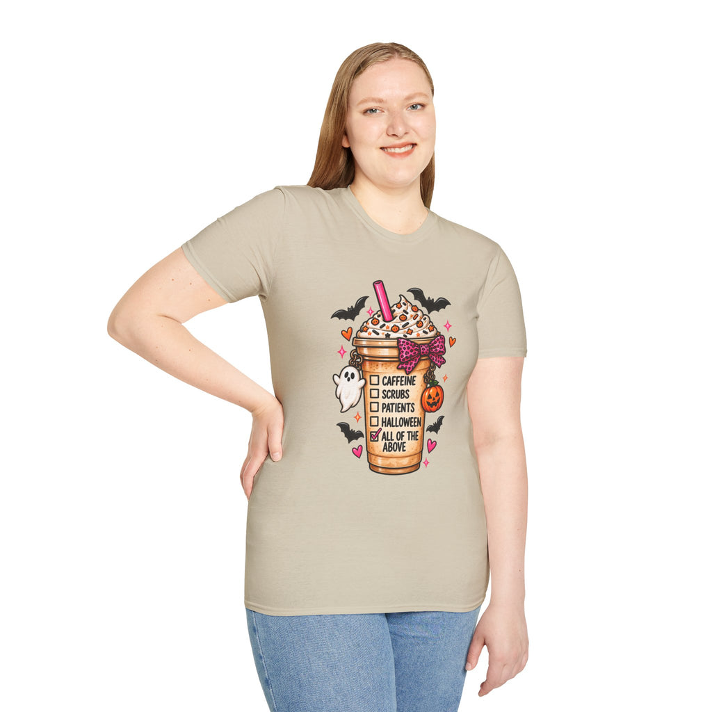 Halloween Nurse Coffee T-Shirt — "Caffeine, Scrubs, Patients" Fall Medical Tee