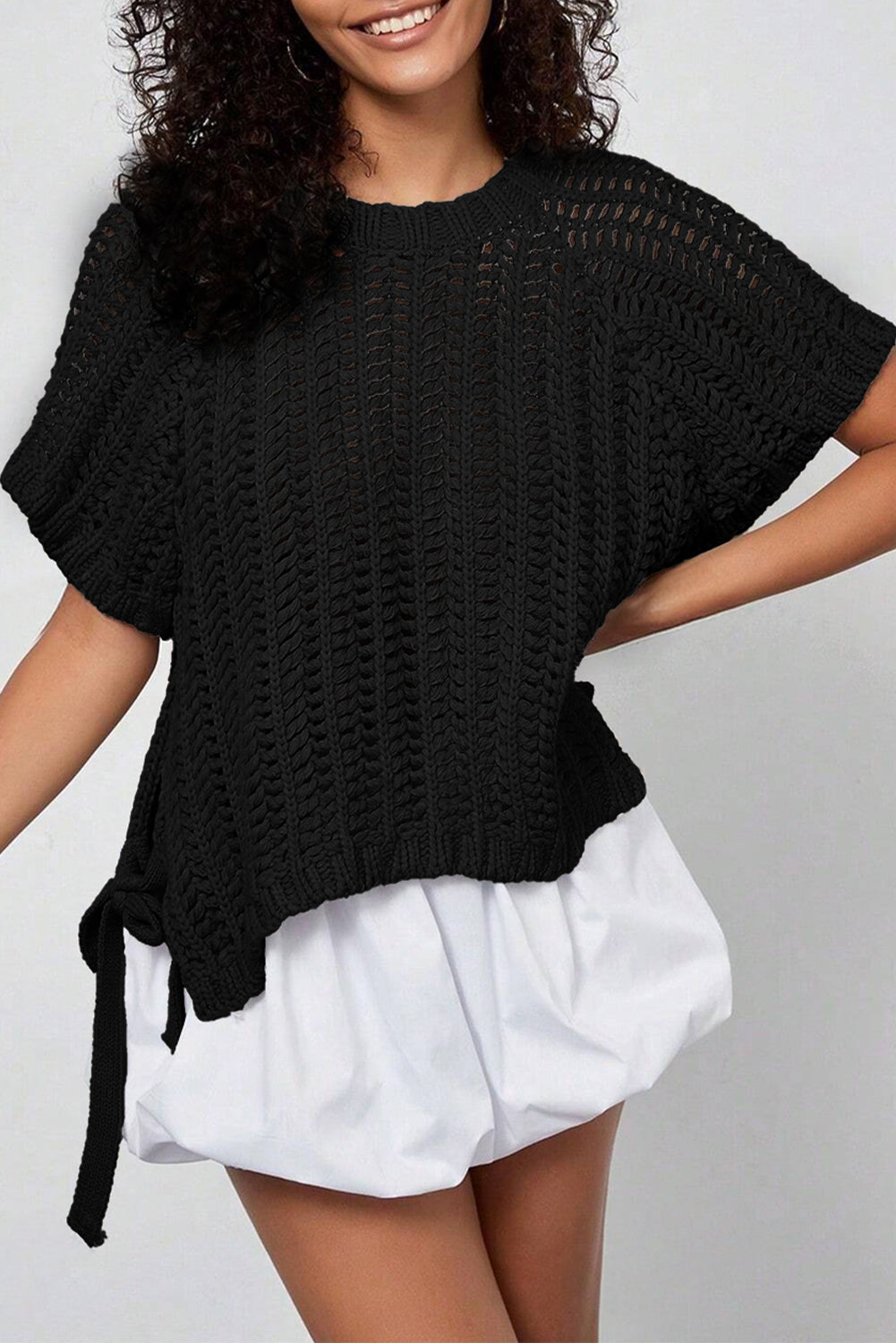 Apricot Plus Size Open Knit Bow Tie Short Sleeve Sweater