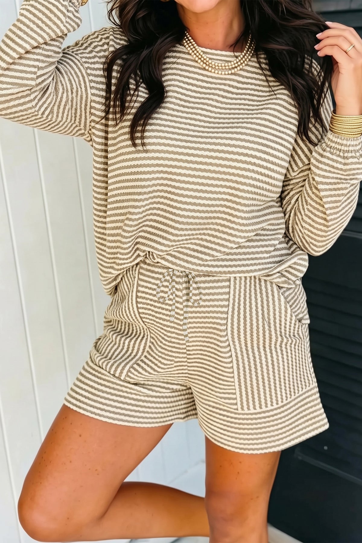 Brown Stripe Textured Knit Long Sleeve Top Elastic Waist Shorts Casual Outfit