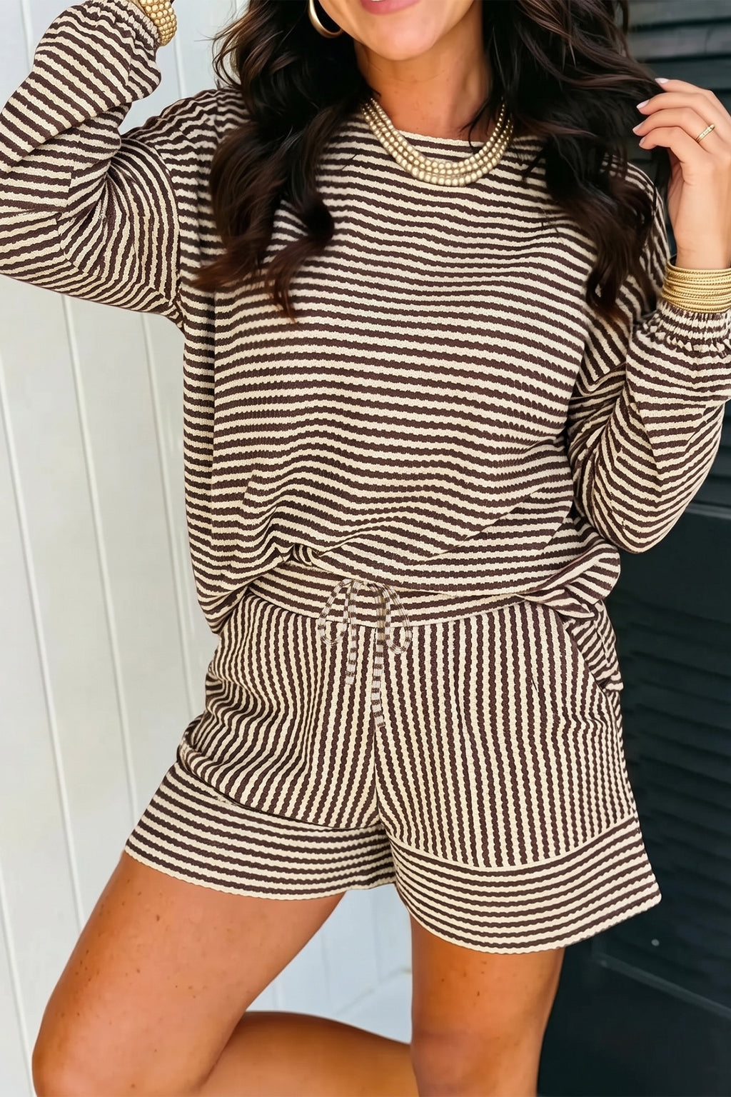 Brown Stripe Textured Knit Long Sleeve Top Elastic Waist Shorts Casual Outfit