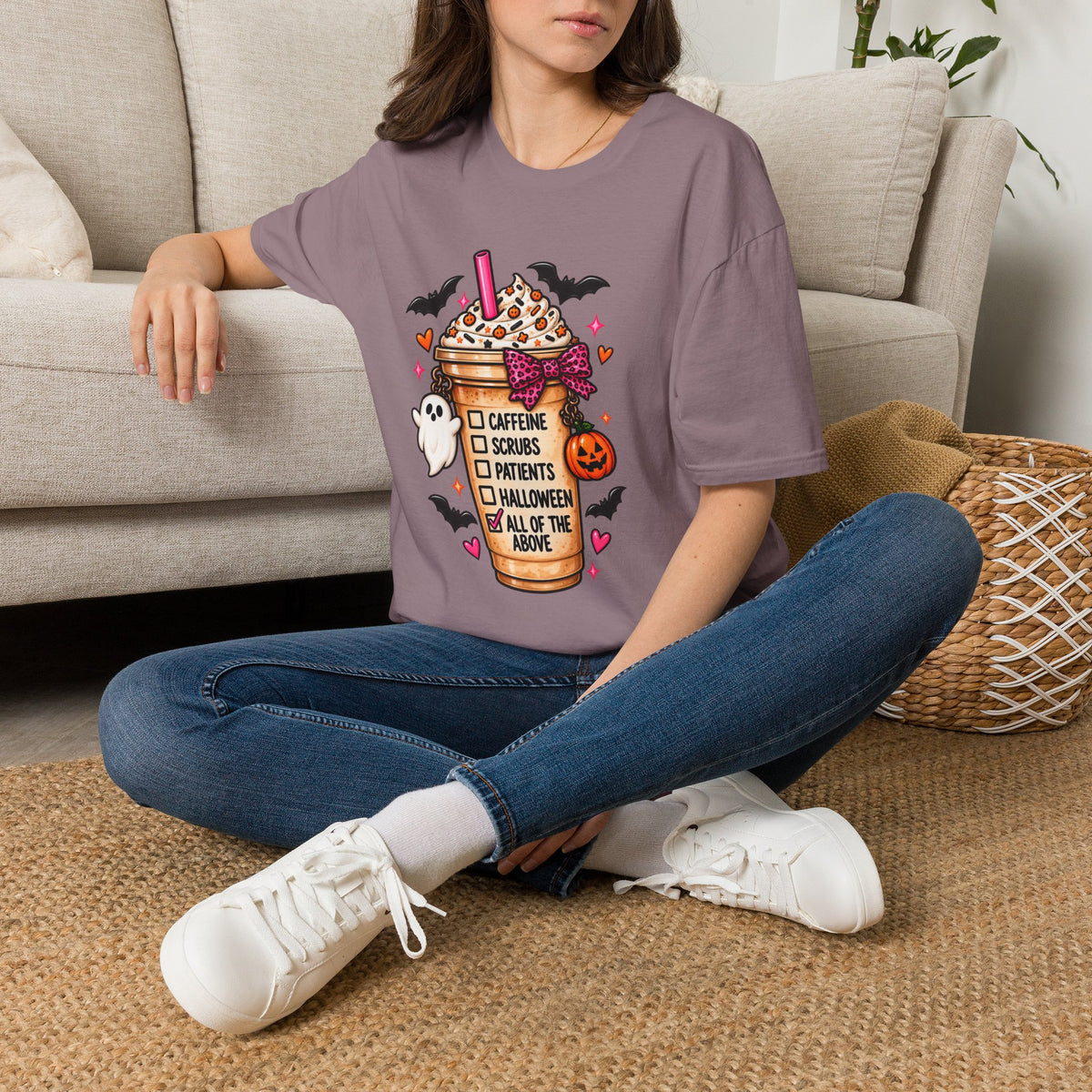 Halloween Nurse Coffee T-Shirt — "Caffeine, Scrubs, Patients" Fall Medical Tee