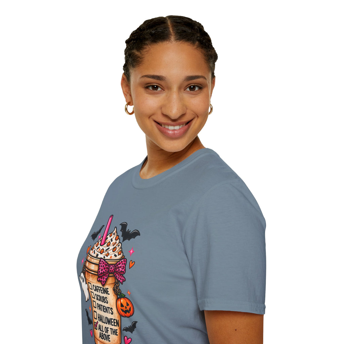 Halloween Nurse Coffee T-Shirt — "Caffeine, Scrubs, Patients" Fall Medical Tee