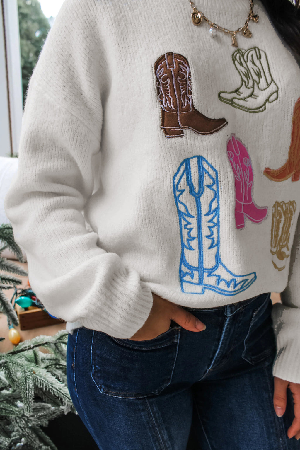 White Western Boots Embroidered Graphic Drop Shoulder Pullover Sweater