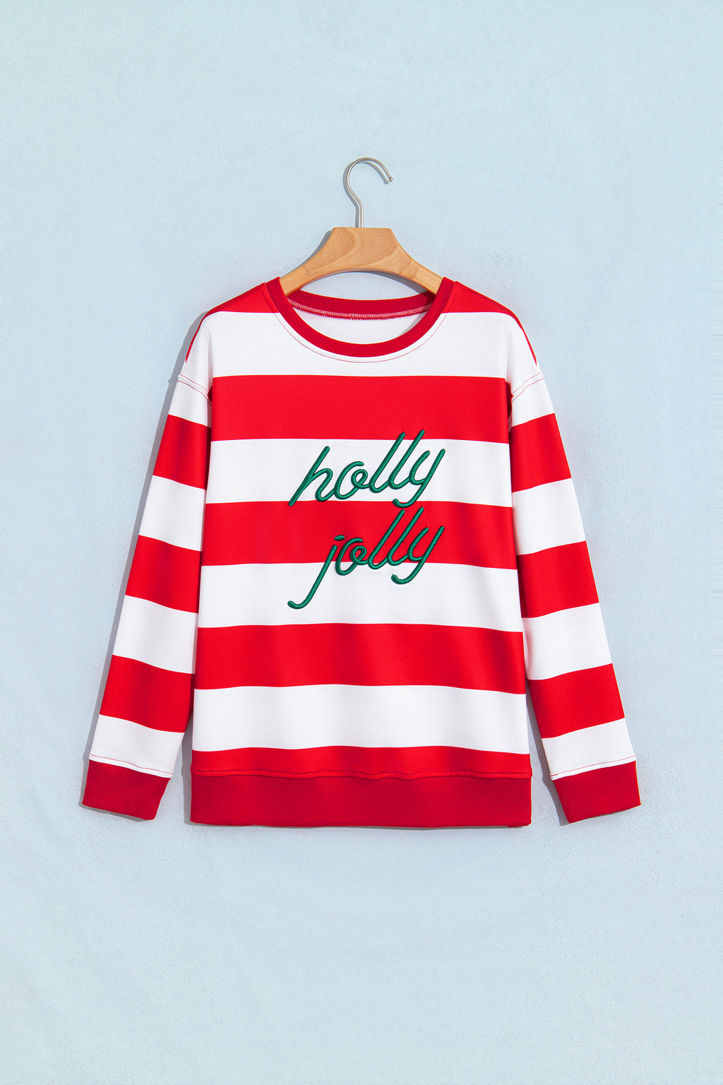 Green Stripe holly jolly Letter Embroidered Pullover Sweatshirt