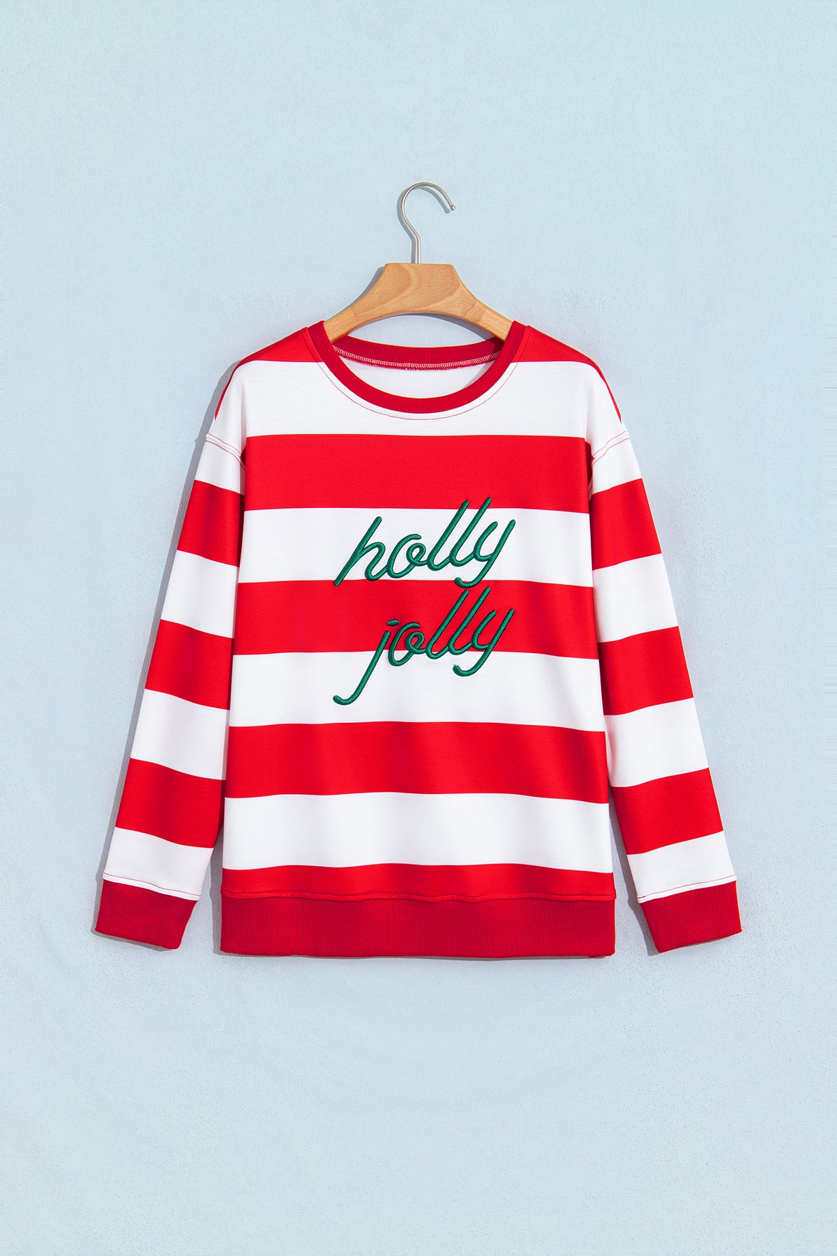 Green Stripe holly jolly Letter Embroidered Pullover Sweatshirt