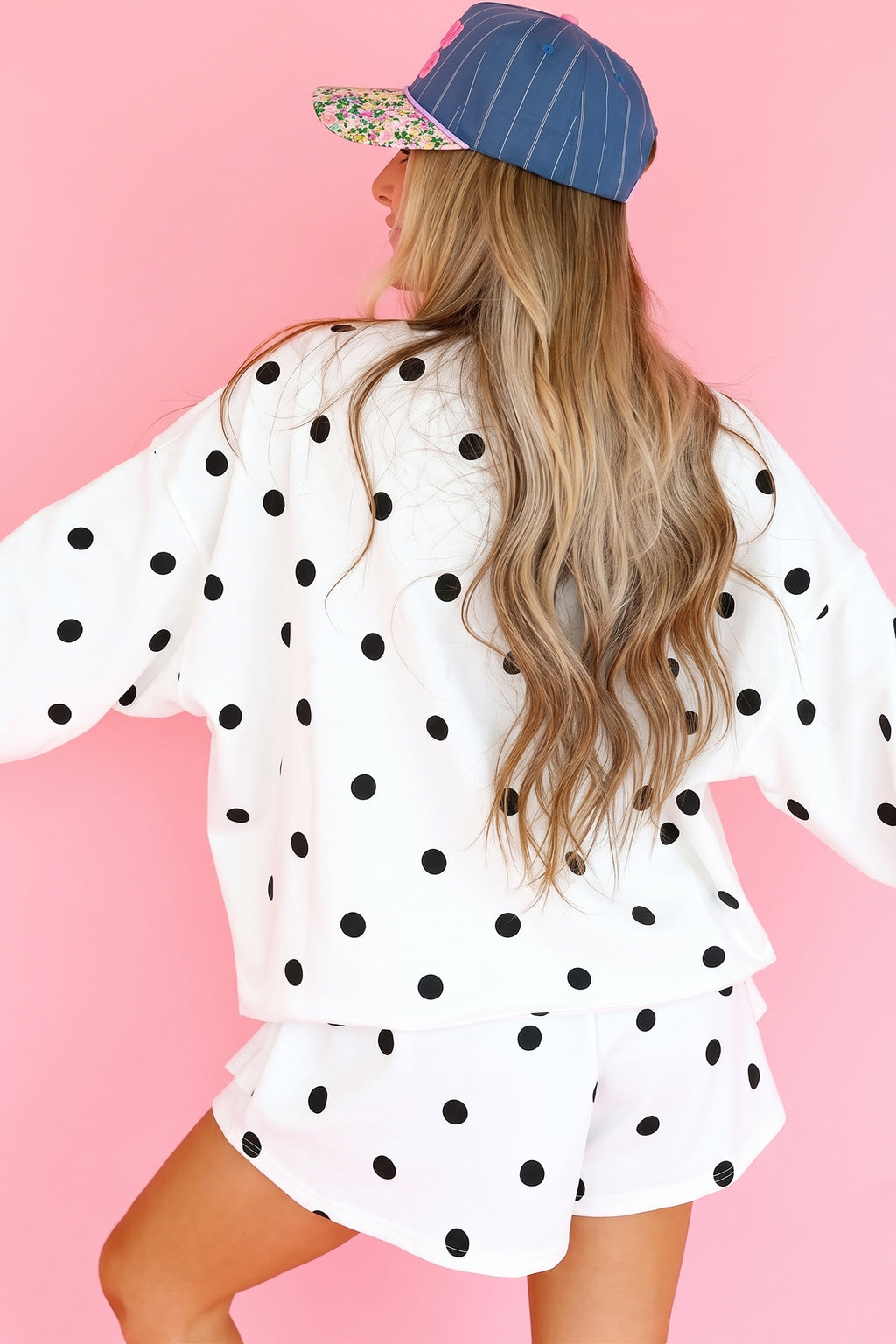 Beige Polka Dot Raw Hem Relaxed Pullover Loose Skort Two Piece Set