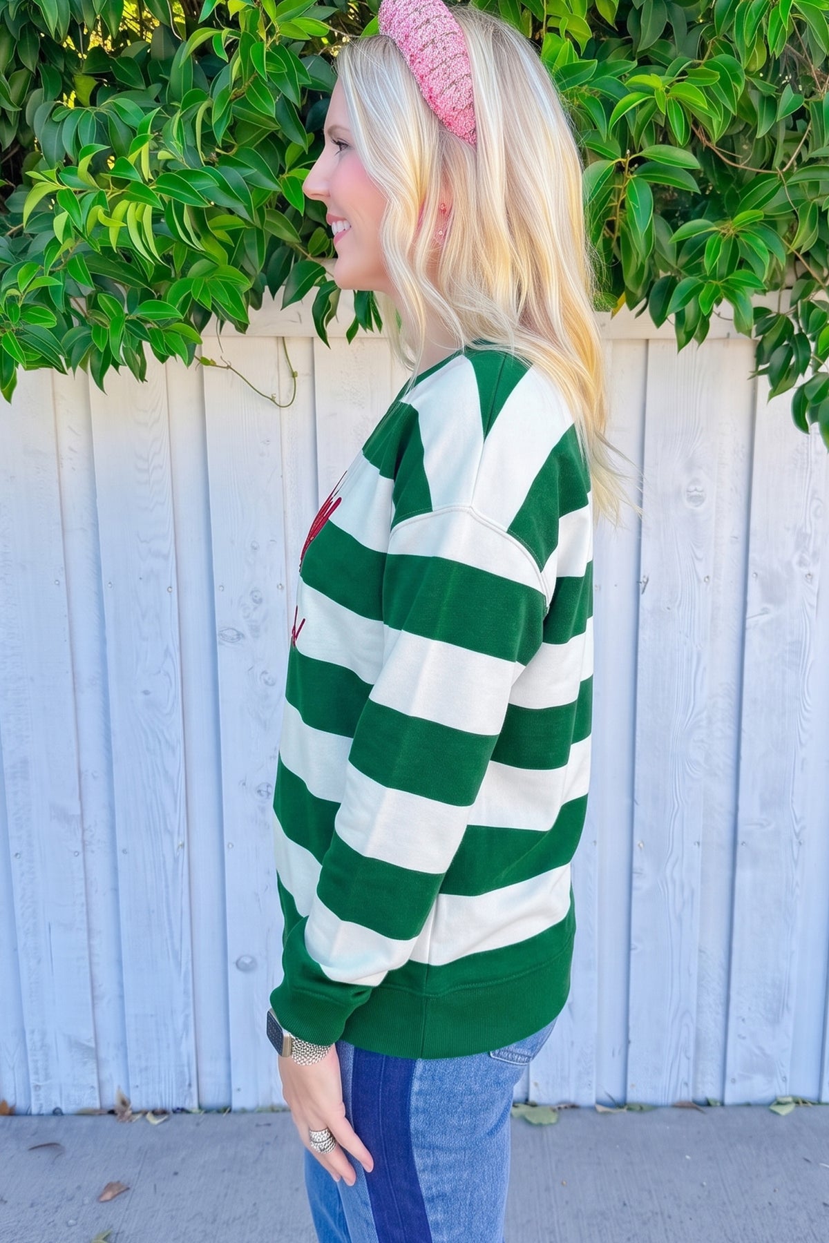 Green Stripe holly jolly Letter Embroidered Pullover Sweatshirt