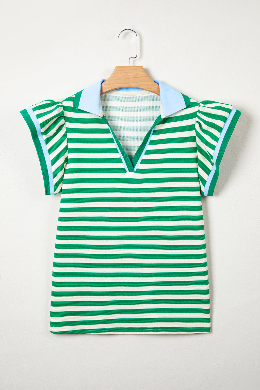 Rose Stripe Contrast Trim Polo Collar Ruffled Short Sleeve Blouse