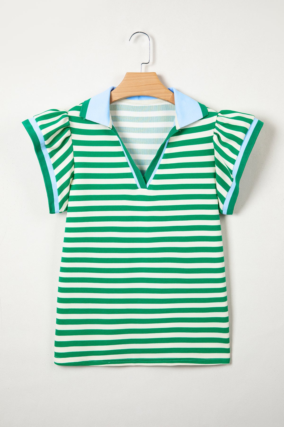 Rose Stripe Contrast Trim Polo Collar Ruffled Short Sleeve Blouse