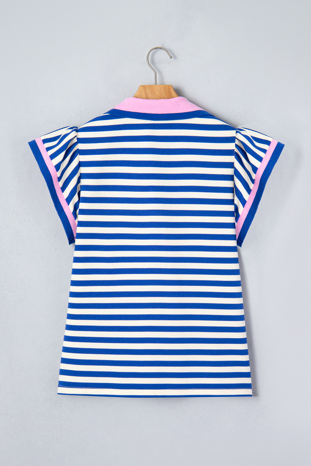 Rose Stripe Contrast Trim Polo Collar Ruffled Short Sleeve Blouse