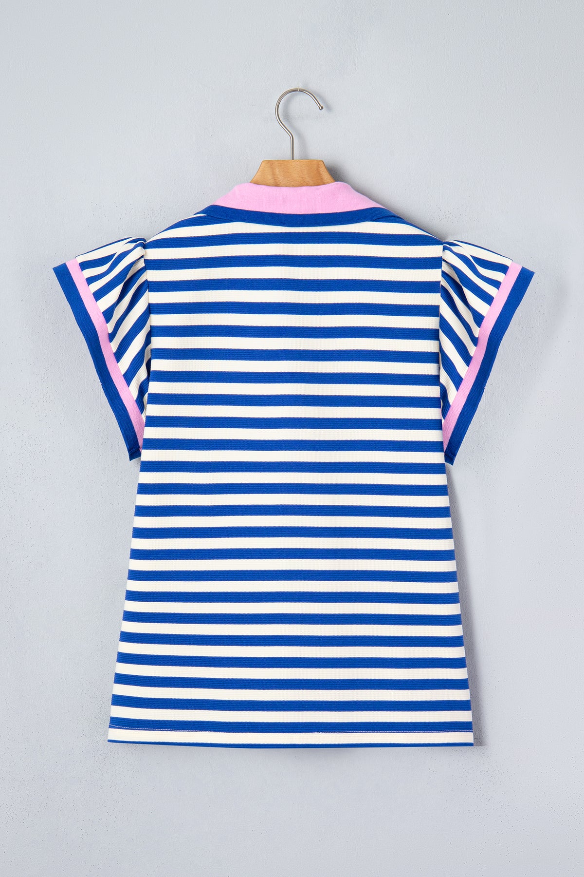 Rose Stripe Contrast Trim Polo Collar Ruffled Short Sleeve Blouse