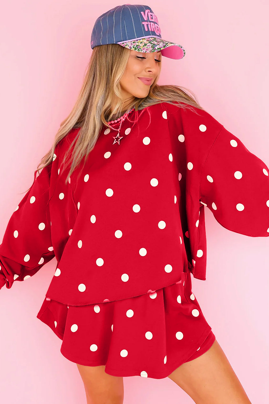 Beige Polka Dot Raw Hem Relaxed Pullover Loose Skort Two Piece Set
