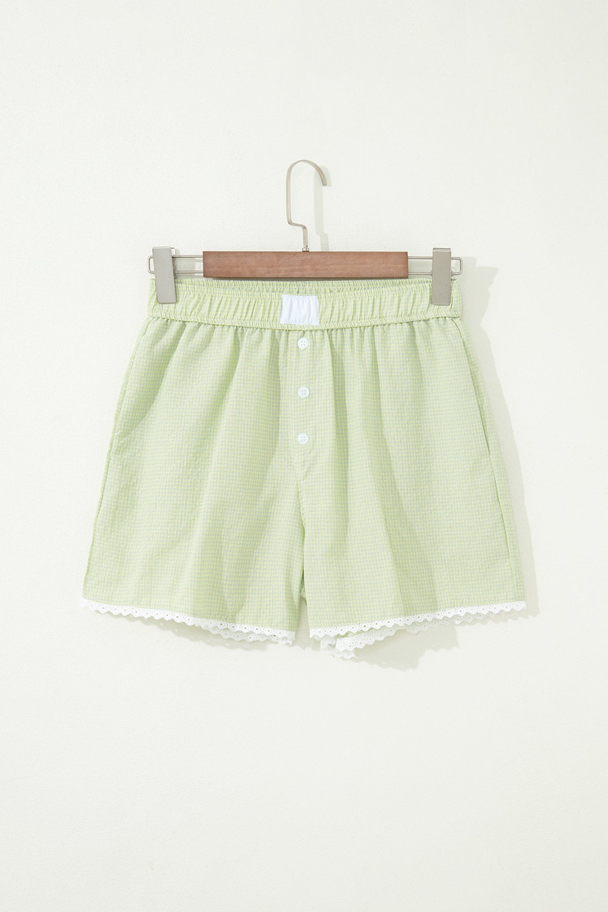 Green Gingham Plaid Button Detail Lace Trim Boxer Shorts